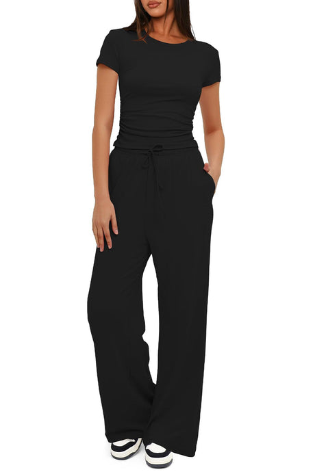 Arolora solid-crew-neck-cotton-t-shirt-pants-suits