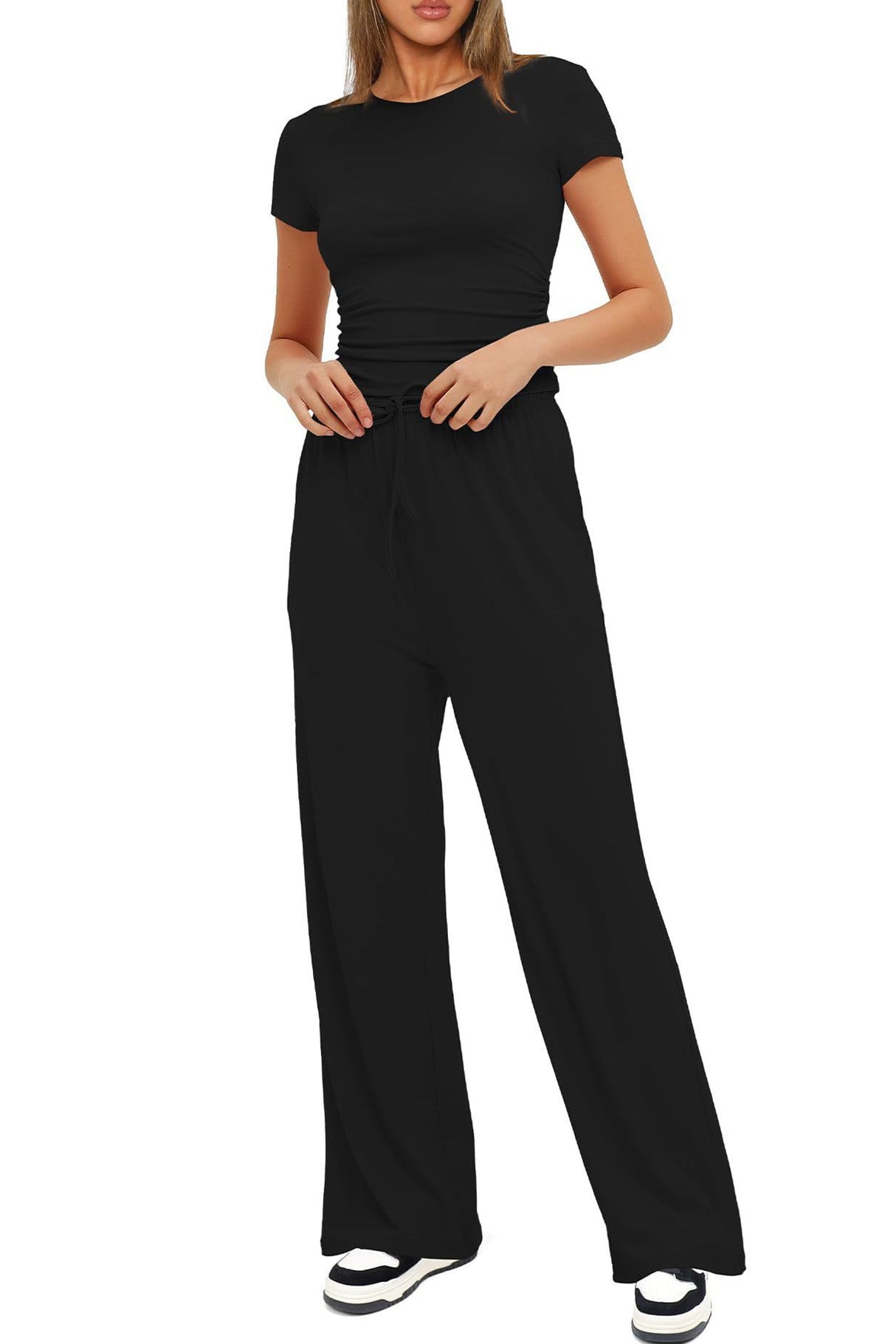 Arolora solid-crew-neck-cotton-t-shirt-pants-suits