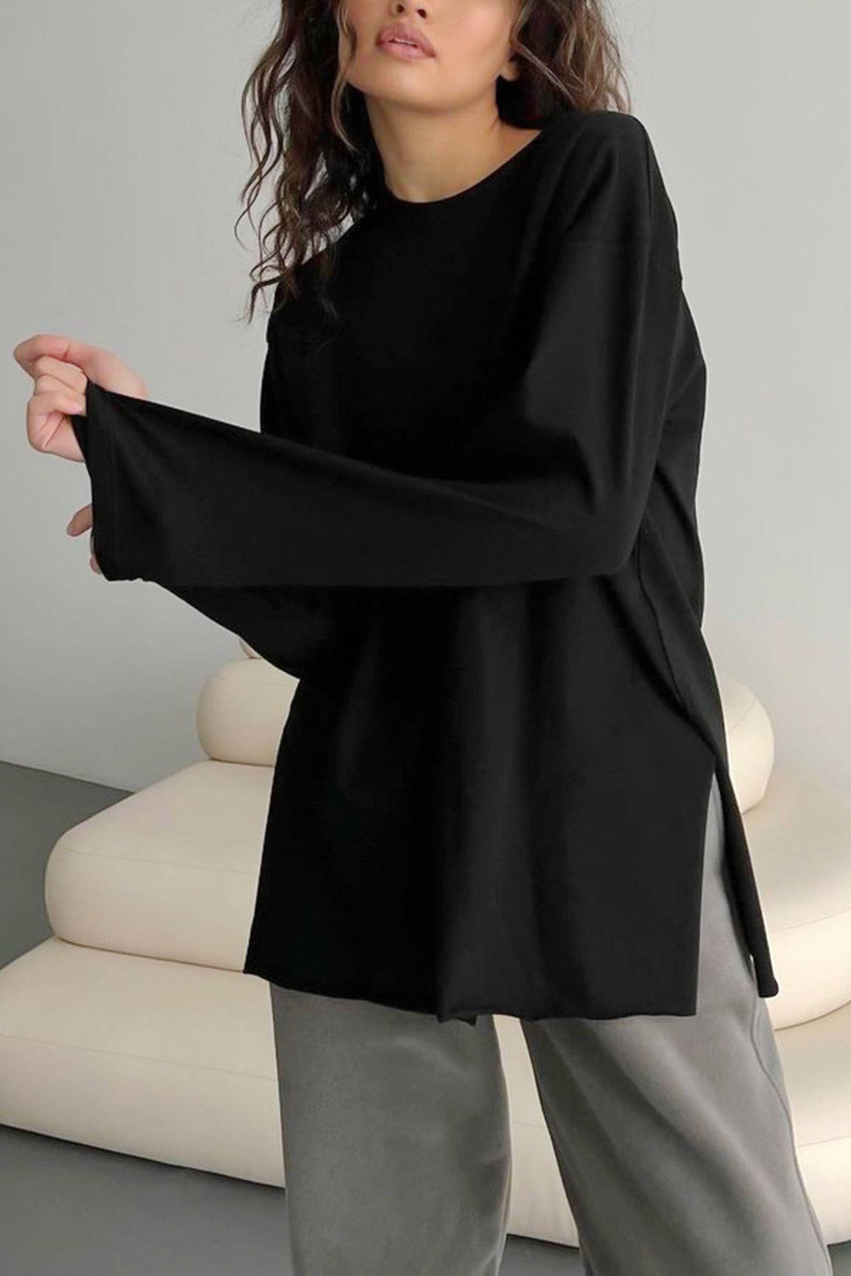 Arolora solid-crew-neck-slit-cotton-sweatshirt