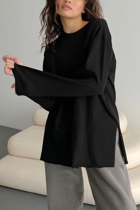 Arolora solid-crew-neck-slit-cotton-sweatshirt