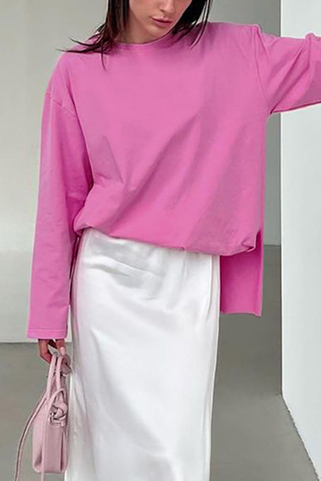 Arolora solid-crew-neck-slit-cotton-sweatshirt