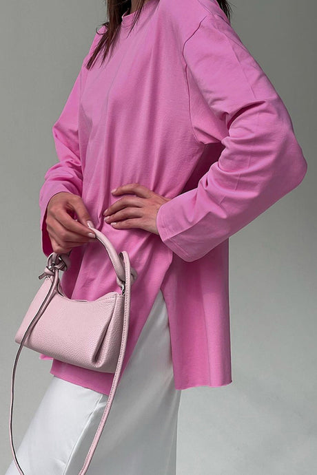 Arolora solid-crew-neck-slit-cotton-sweatshirt