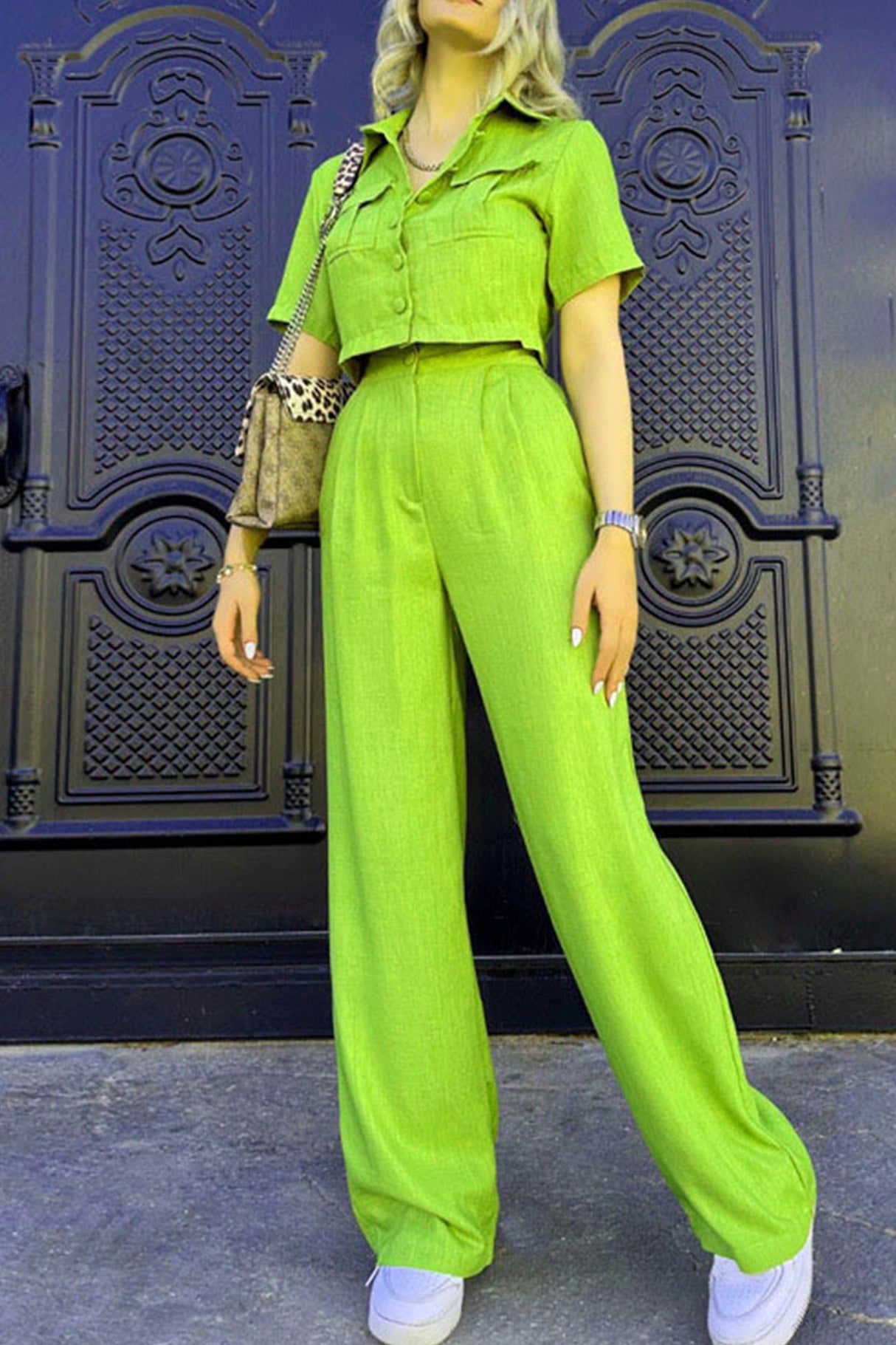 Solid Crop Blouse Long Pants Set