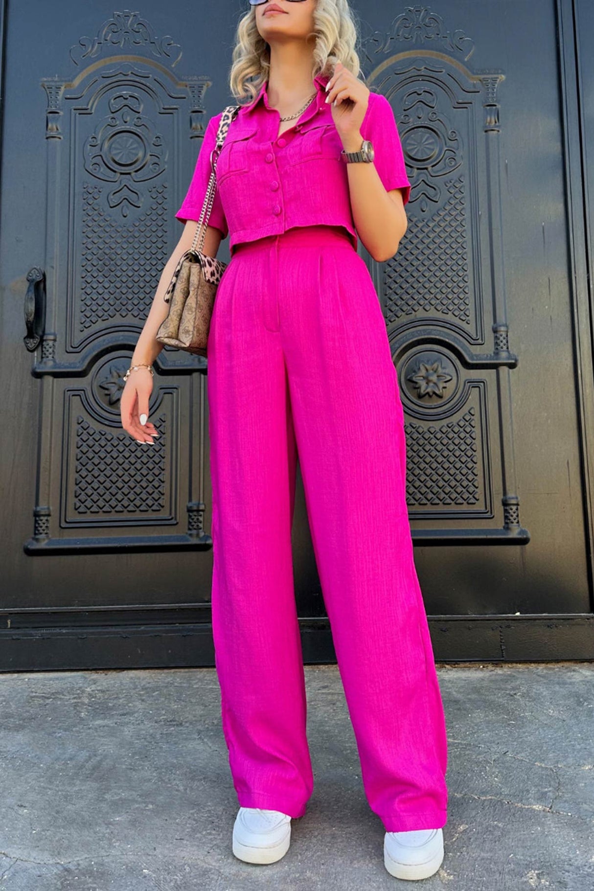 Solid Crop Blouse Long Pants Set