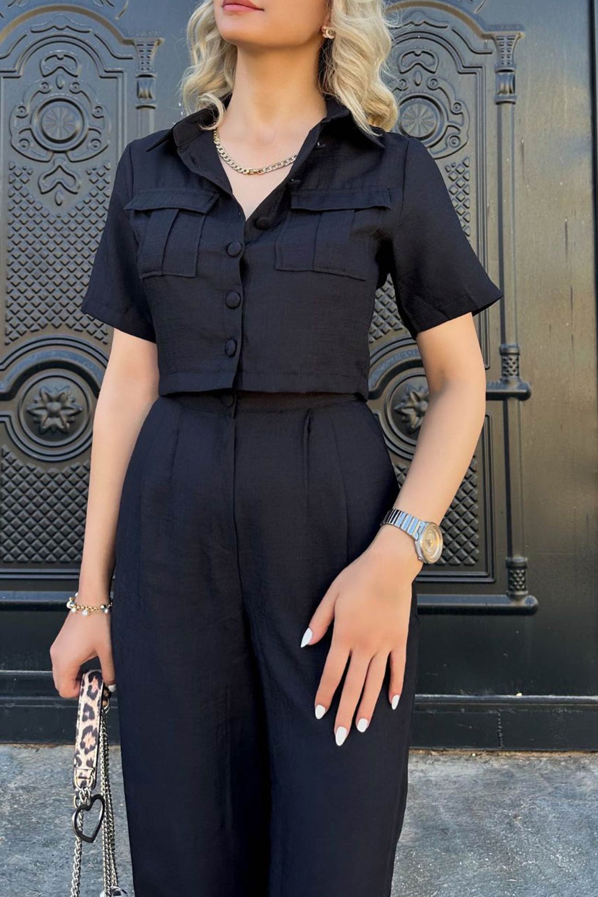 Solid Crop Blouse Long Pants Set