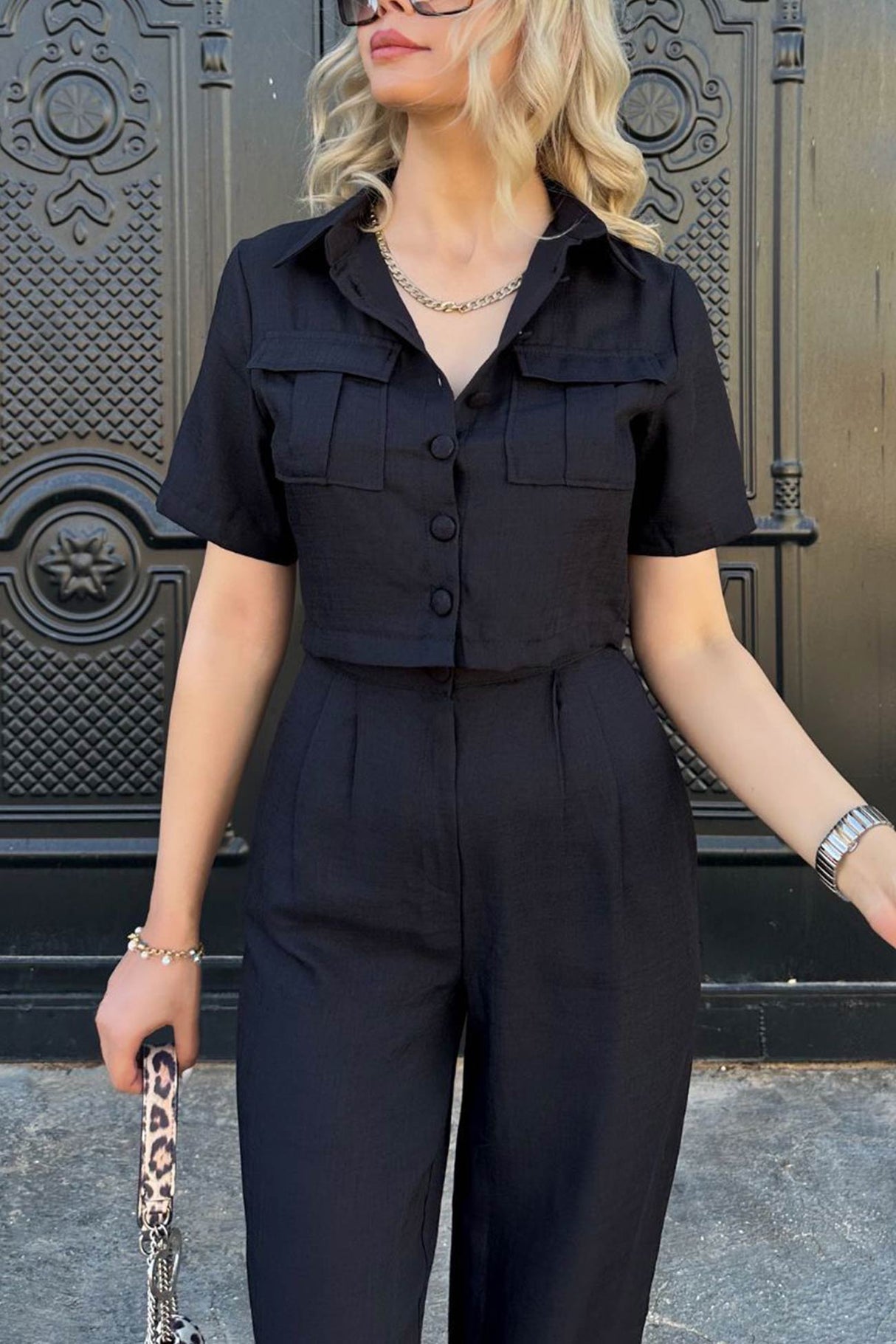 Solid Crop Blouse Long Pants Set