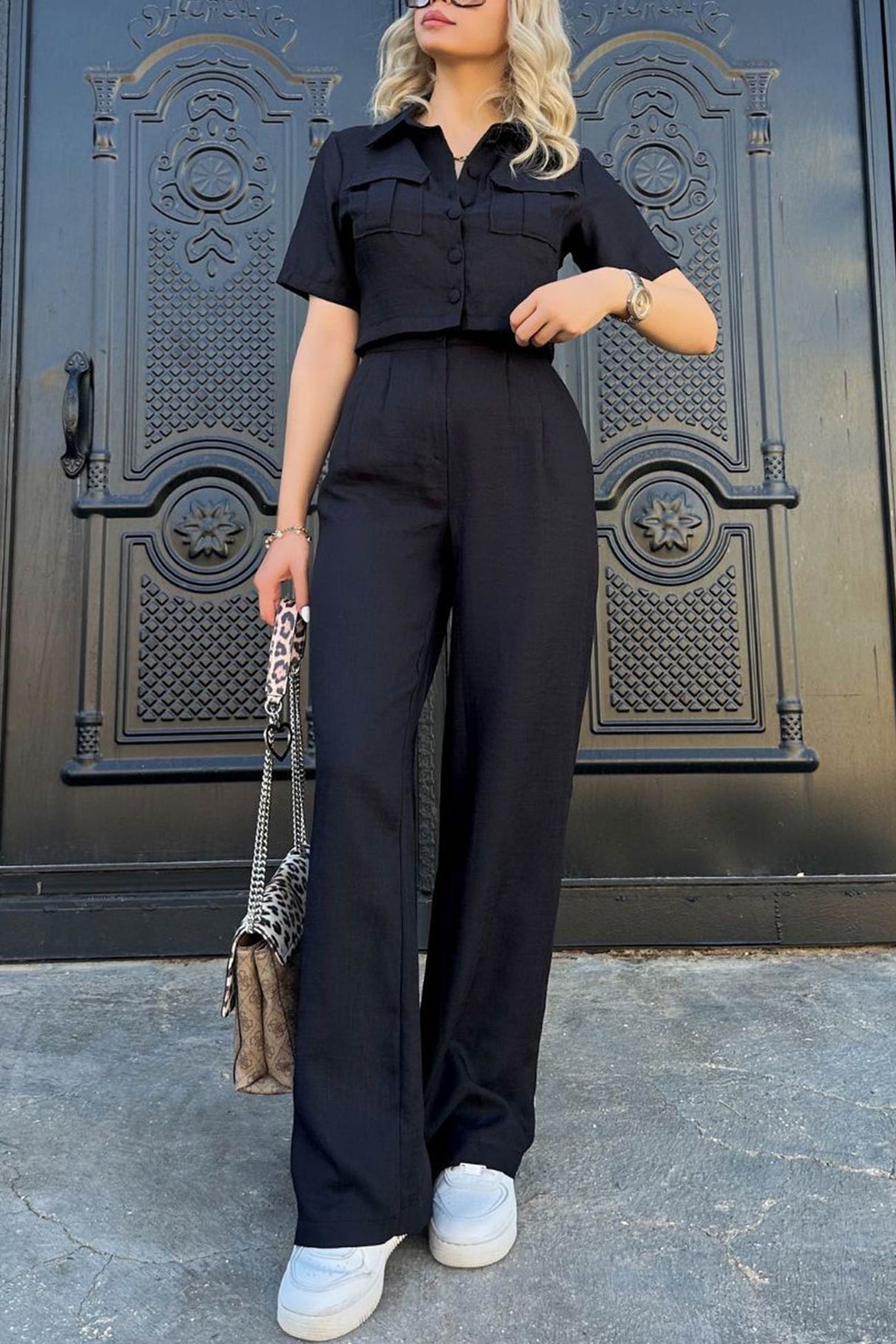 Solid Crop Blouse Long Pants Set