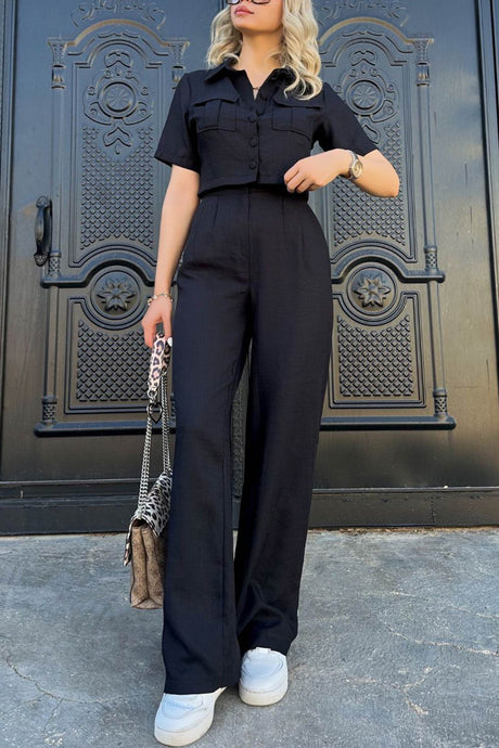 Solid Crop Blouse Long Pants Set