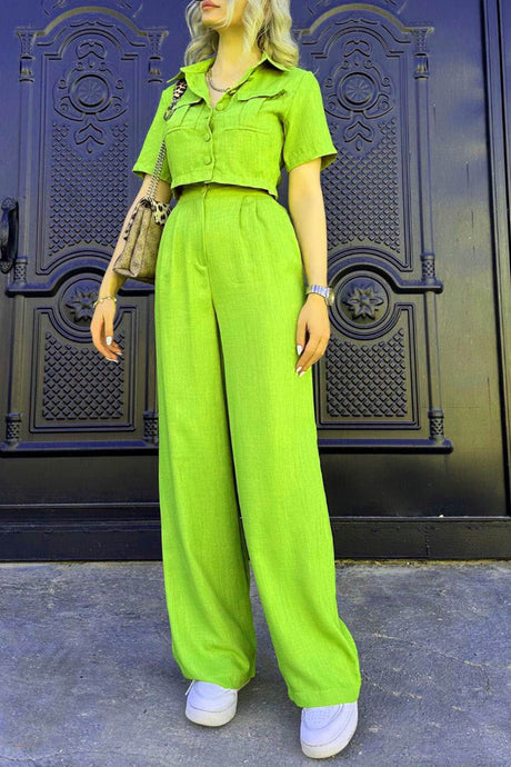 Solid Crop Blouse Long Pants Set