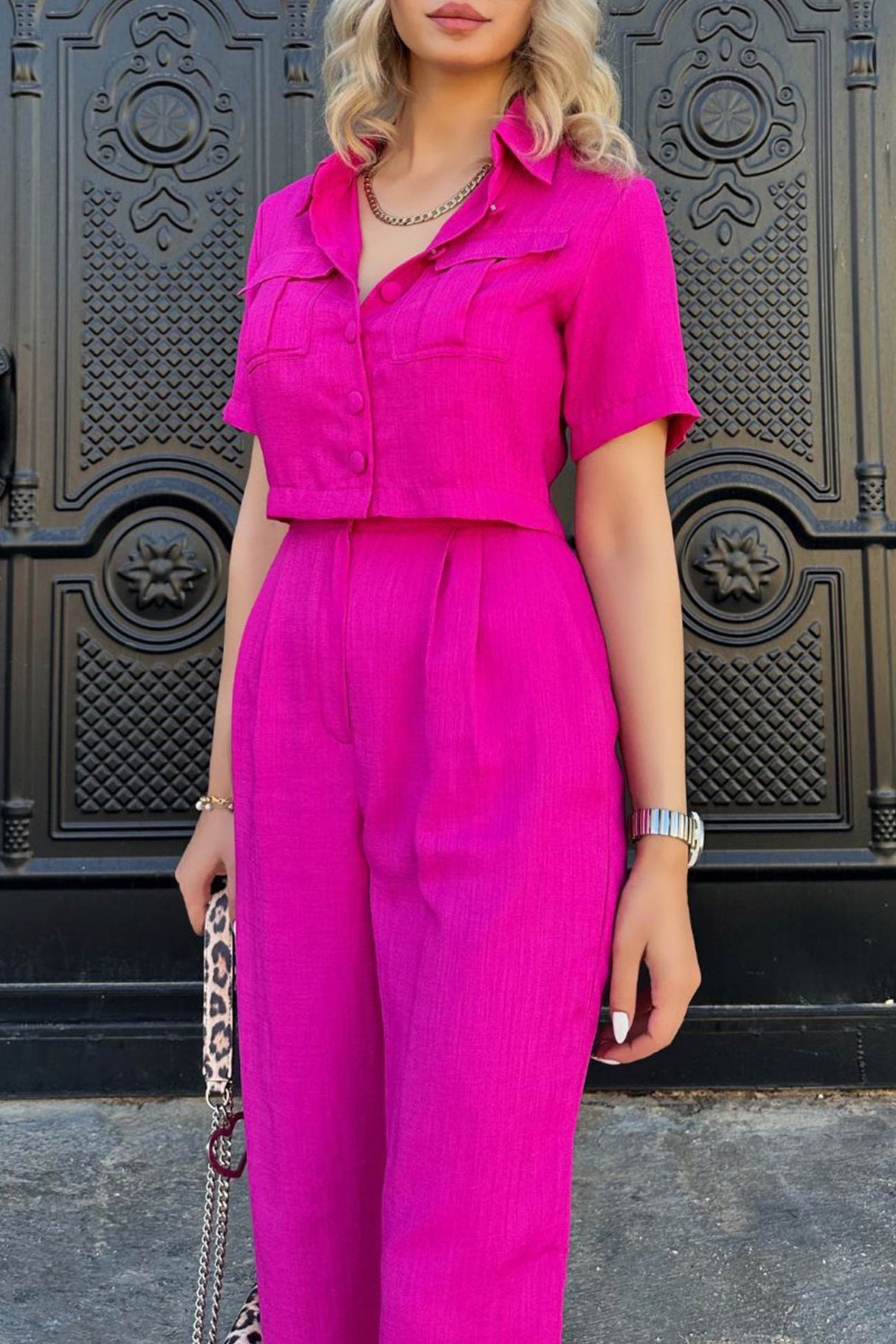 Solid Crop Blouse Long Pants Set