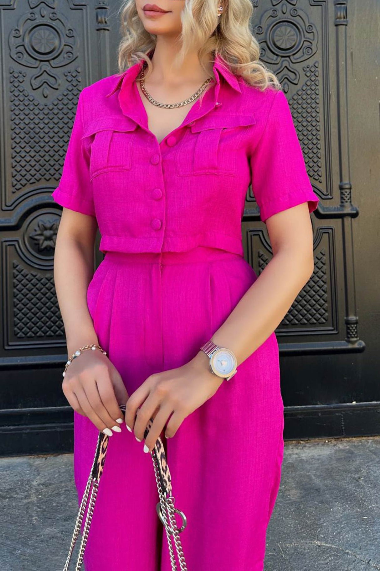 Solid Crop Blouse Long Pants Set