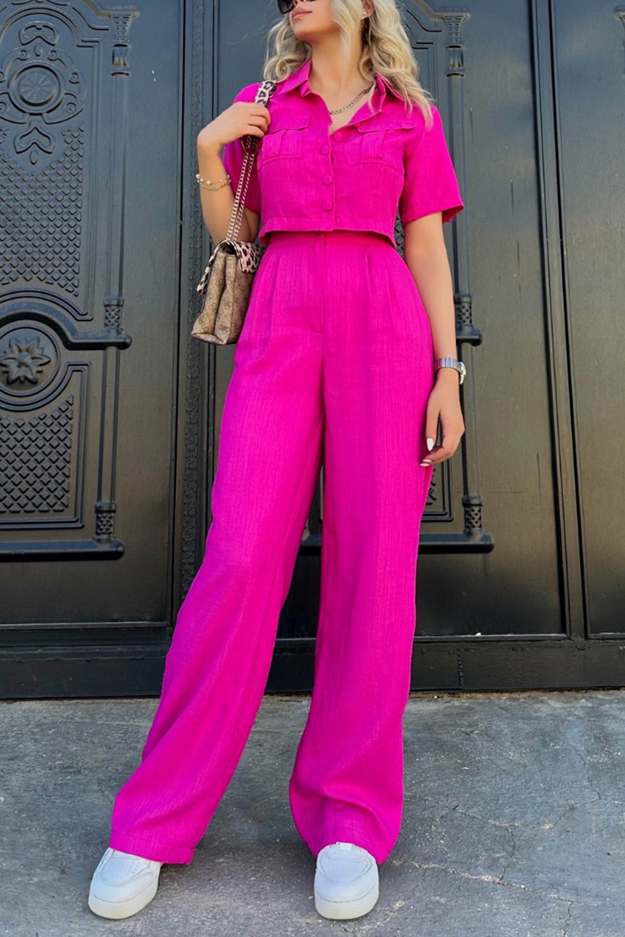Solid Crop Blouse Long Pants Set