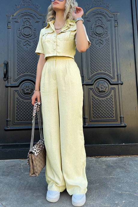 Solid Crop Blouse Long Pants Set