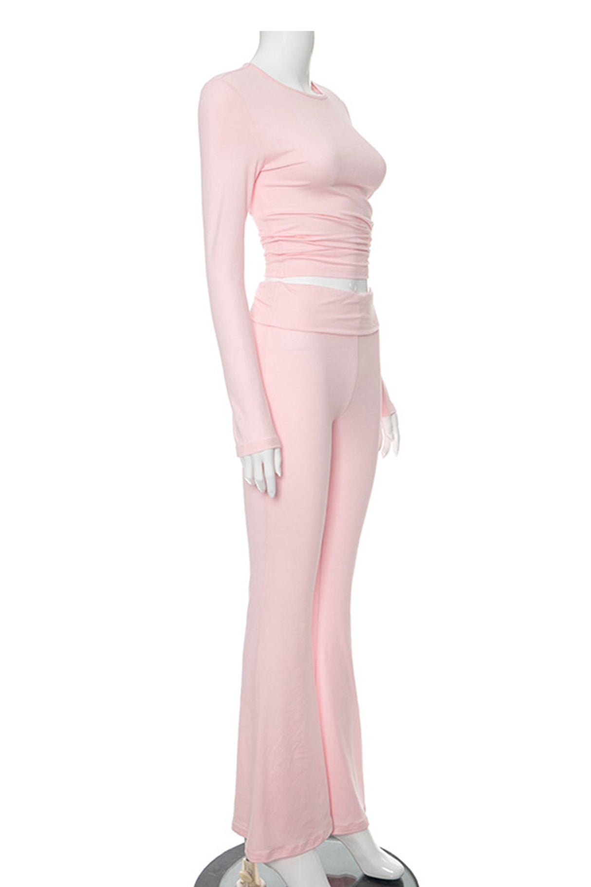 Arolora solid-crop-top-flares-long-pants-set