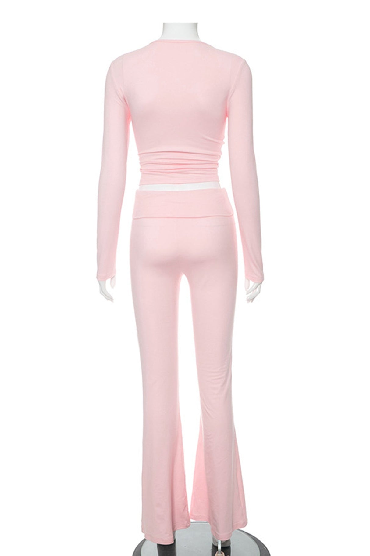 Arolora solid-crop-top-flares-long-pants-set