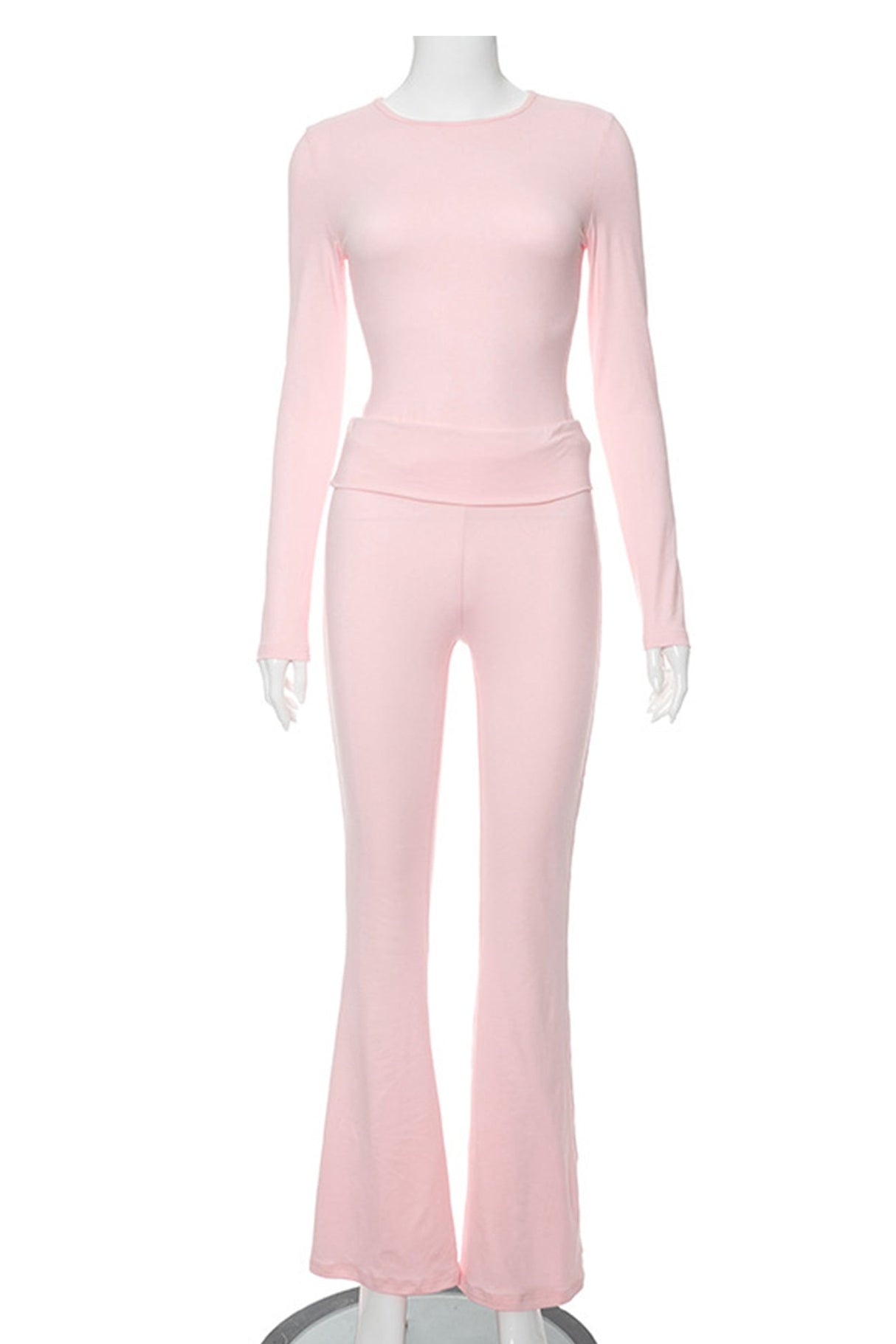 Arolora solid-crop-top-flares-long-pants-set