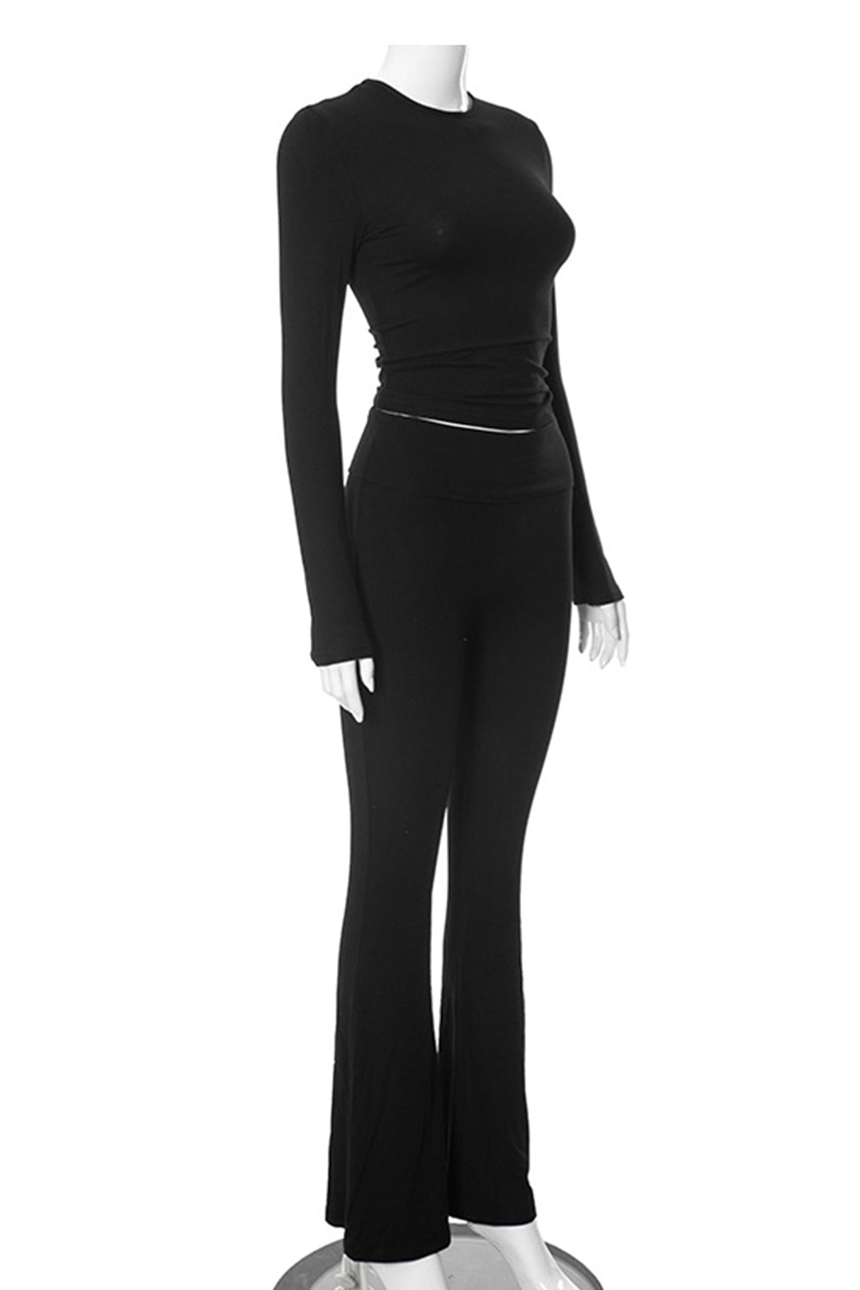 Arolora solid-crop-top-flares-long-pants-set