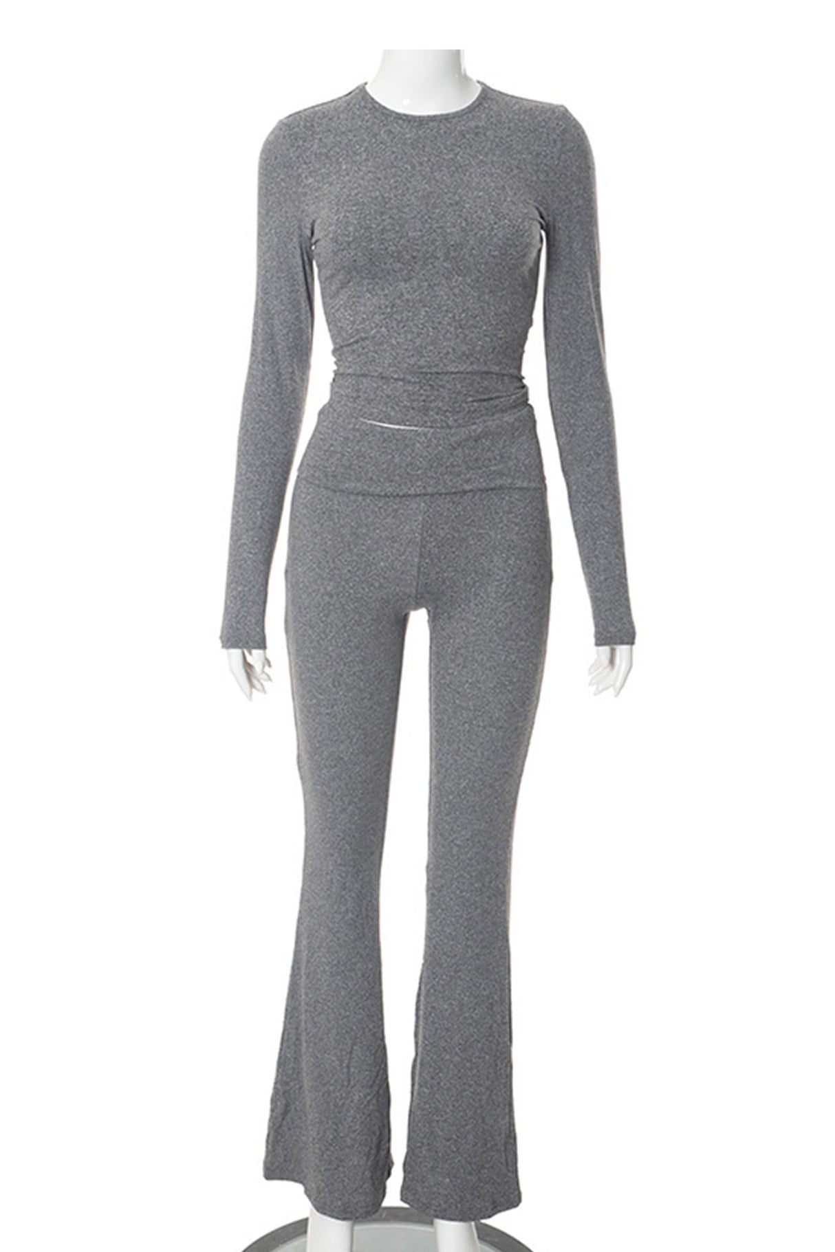 Arolora solid-crop-top-flares-long-pants-set