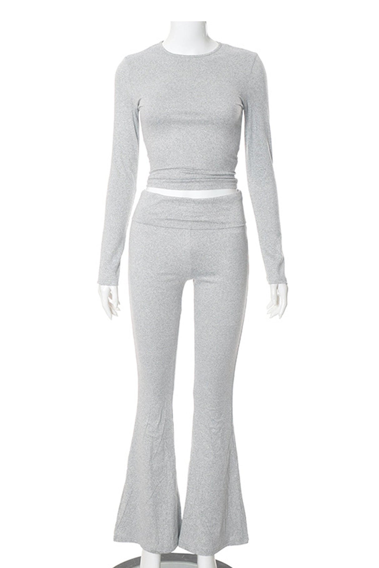 Arolora solid-crop-top-flares-long-pants-set