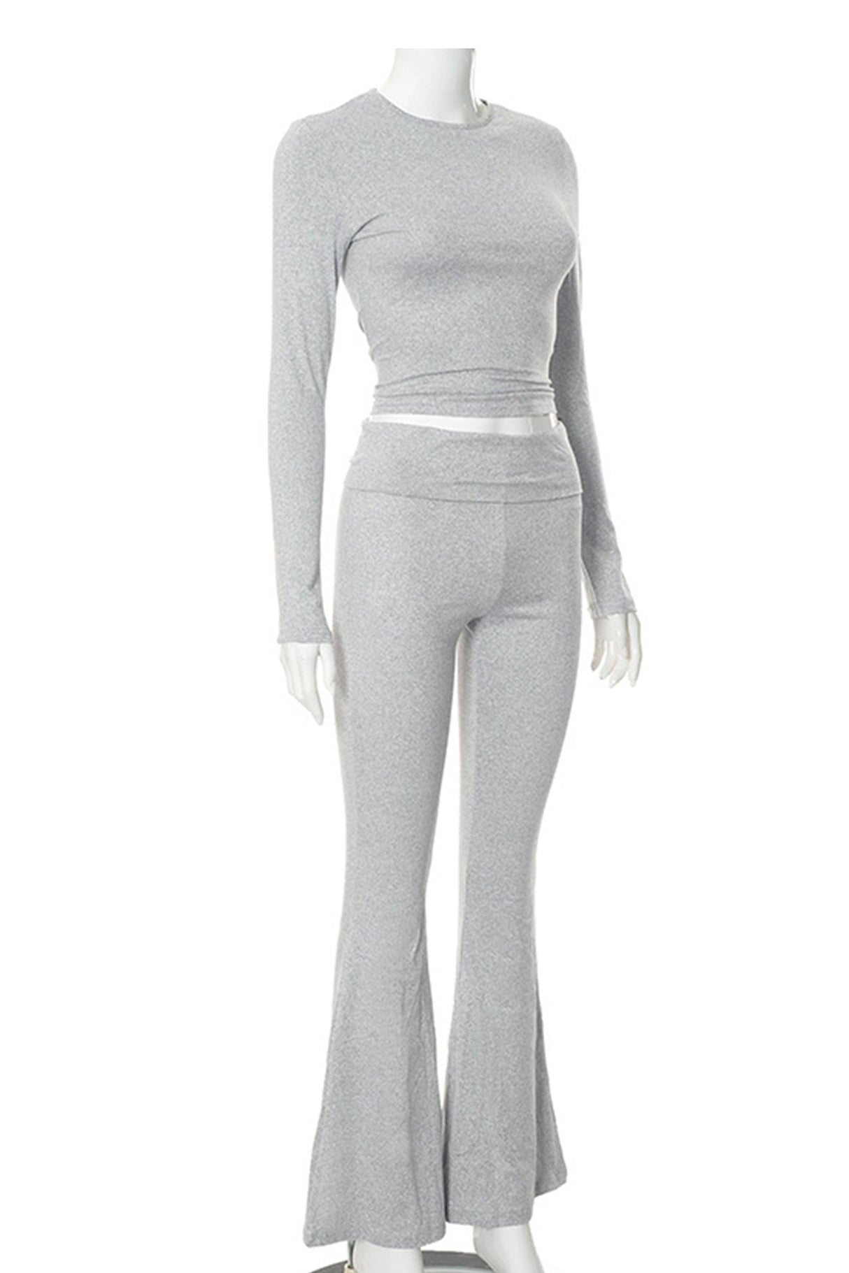 Arolora solid-crop-top-flares-long-pants-set