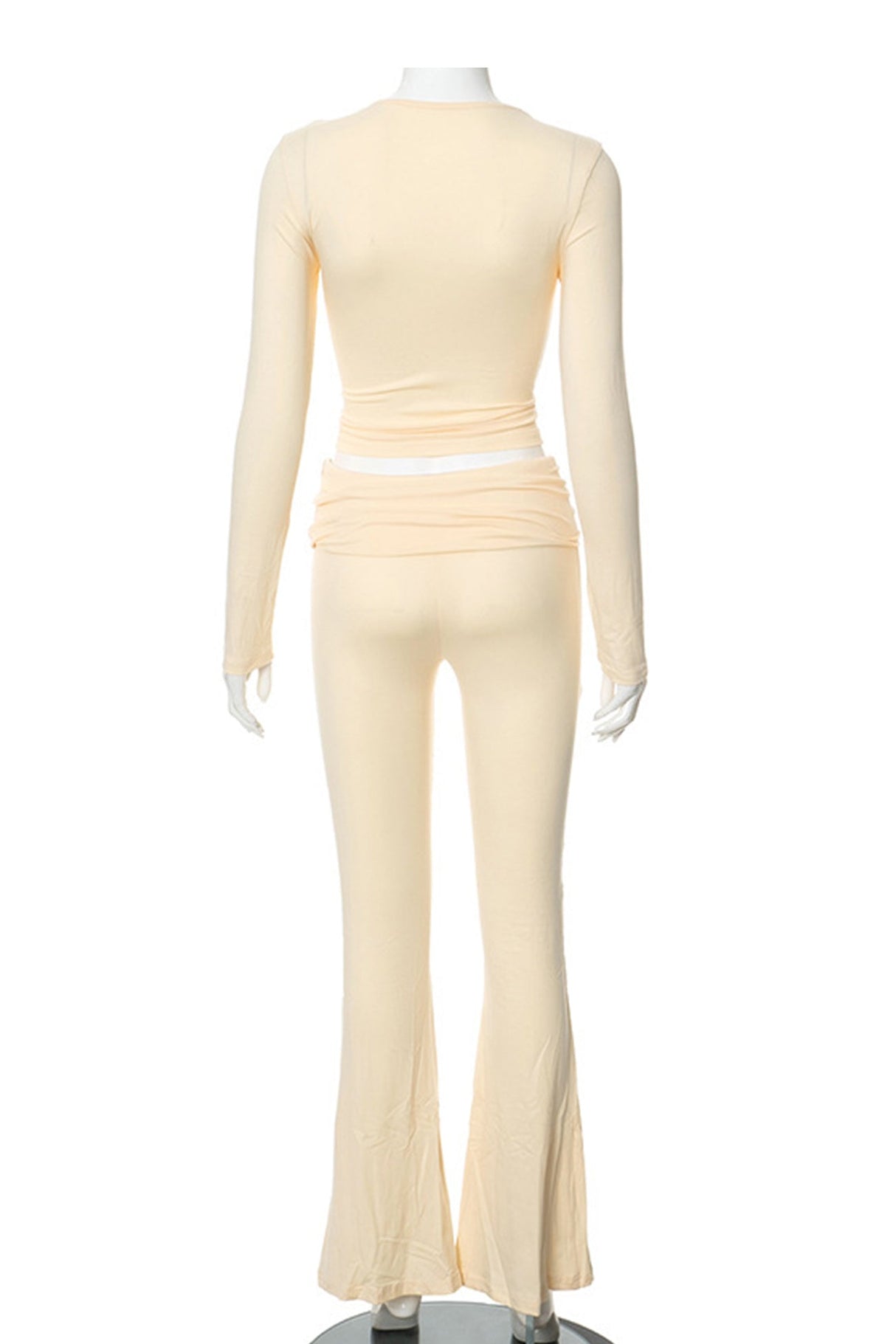 Arolora solid-crop-top-flares-long-pants-set