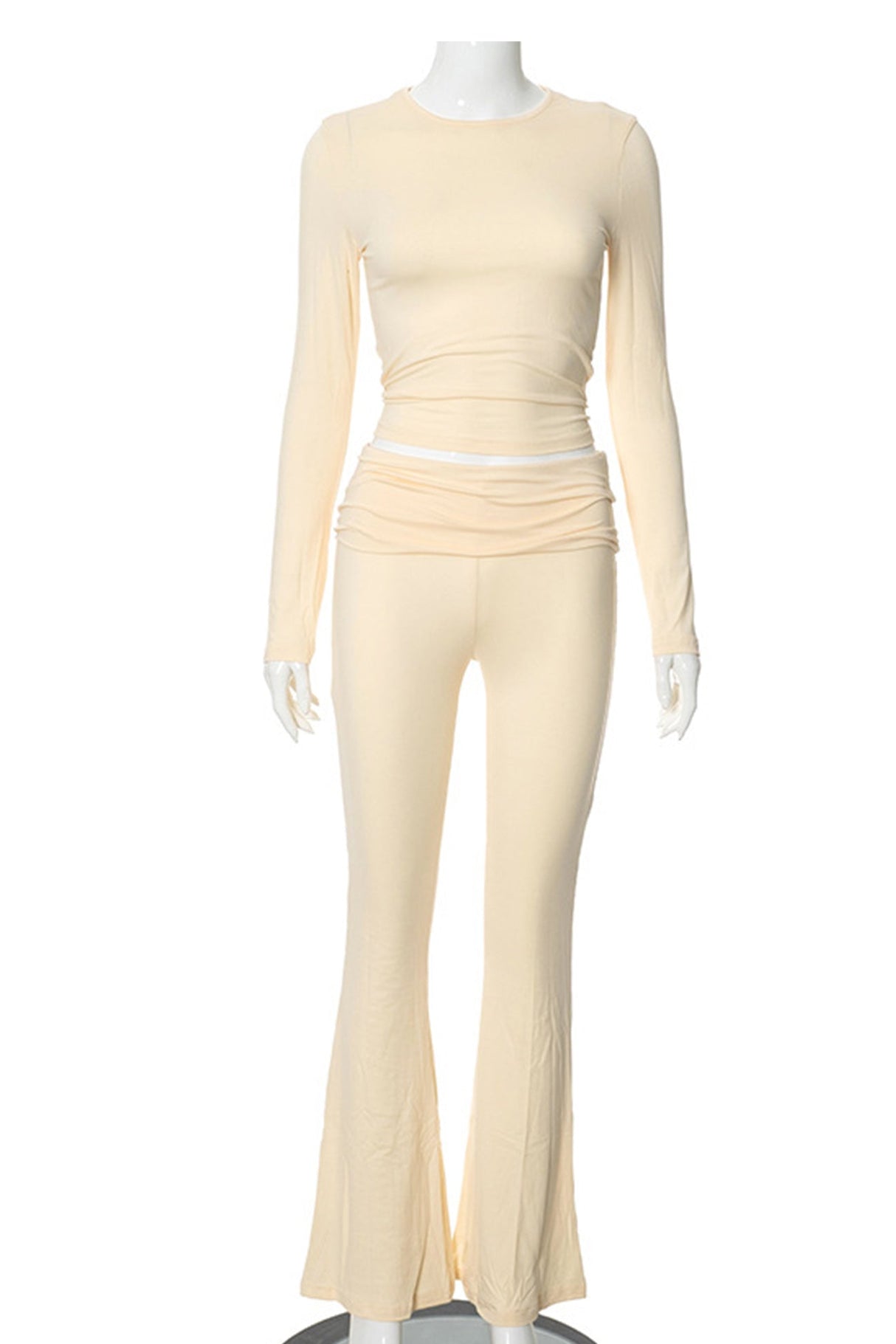 Arolora solid-crop-top-flares-long-pants-set