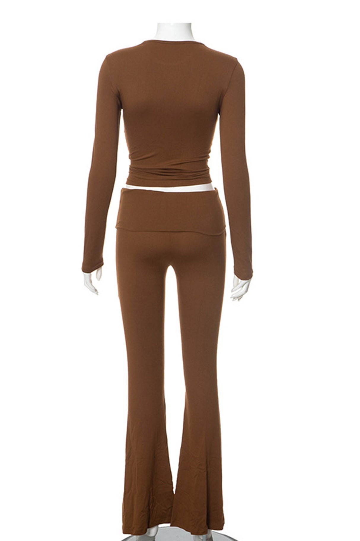 Arolora solid-crop-top-flares-long-pants-set