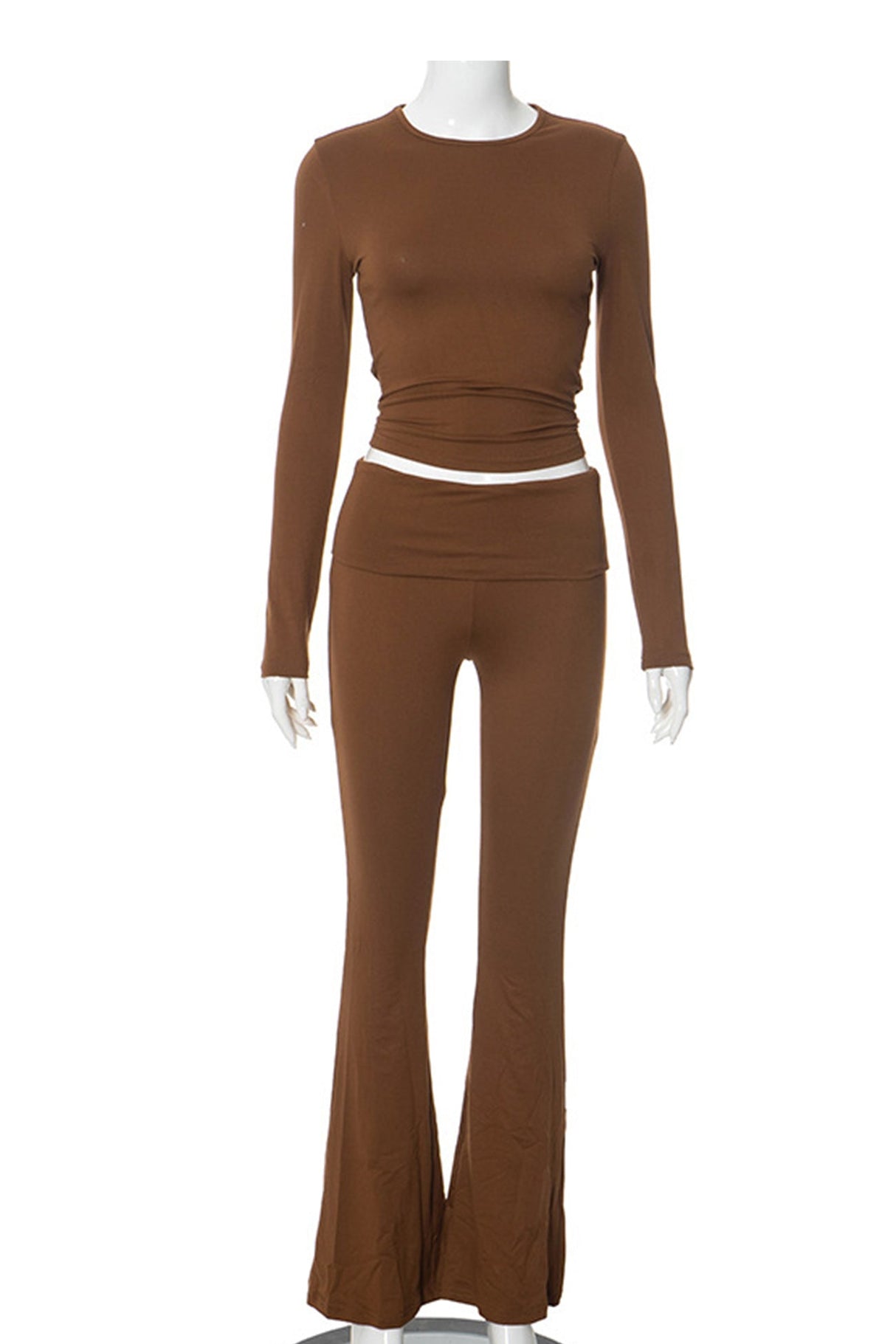 Arolora solid-crop-top-flares-long-pants-set