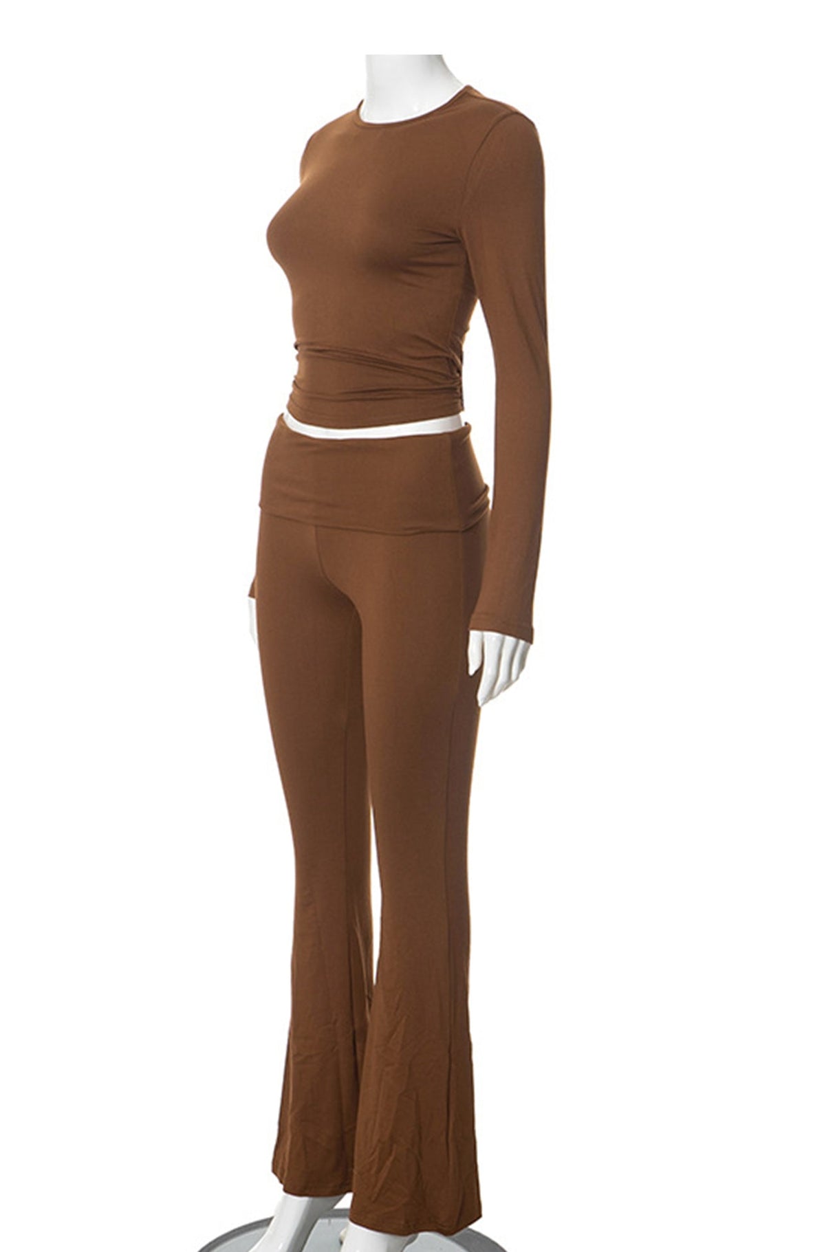 Arolora solid-crop-top-flares-long-pants-set