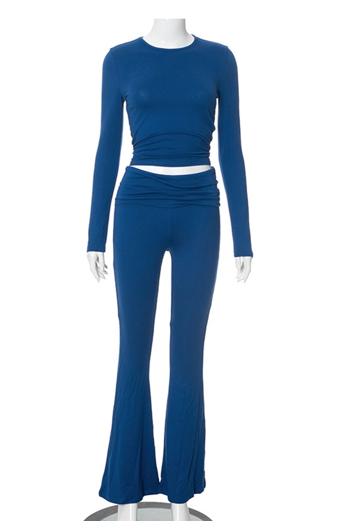 Arolora solid-crop-top-flares-long-pants-set