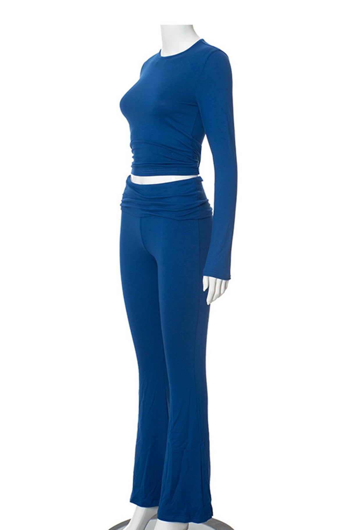 Arolora solid-crop-top-flares-long-pants-set