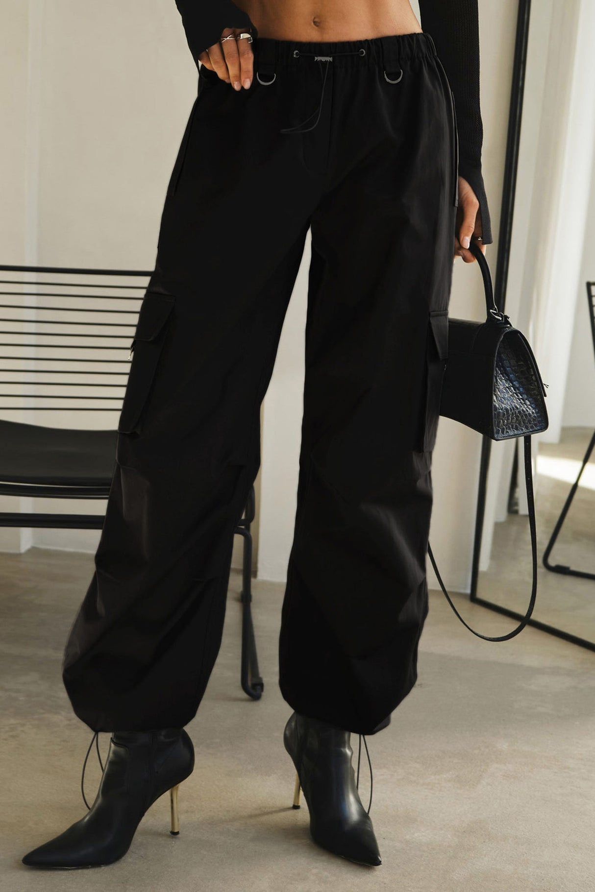 Solid Drawstring Large Pocket Cargo Pants