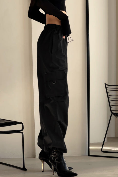 Solid Drawstring Large Pocket Cargo Pants