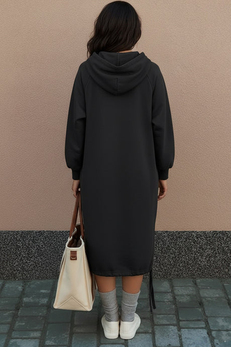 Solid Drawstring Pocket Long Hoodie
