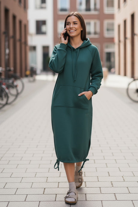 Solid Drawstring Pocket Long Hoodie