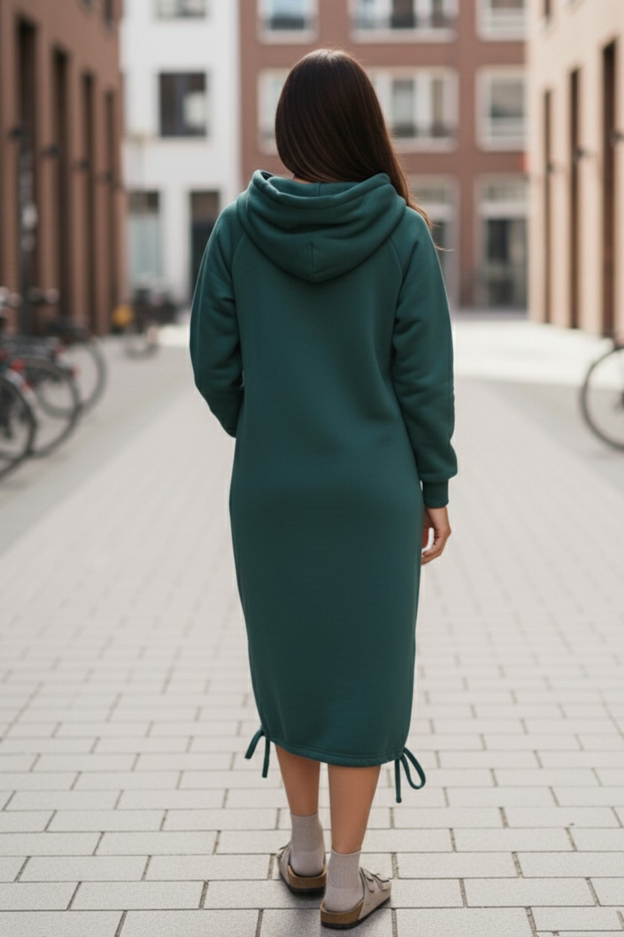 Solid Drawstring Pocket Long Hoodie