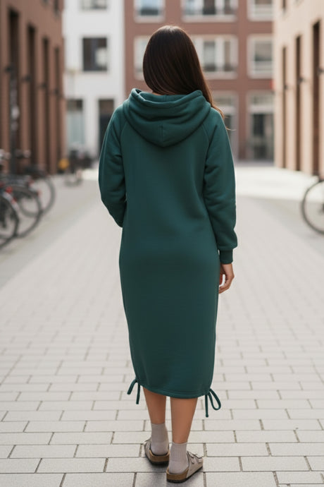 Solid Drawstring Pocket Long Hoodie