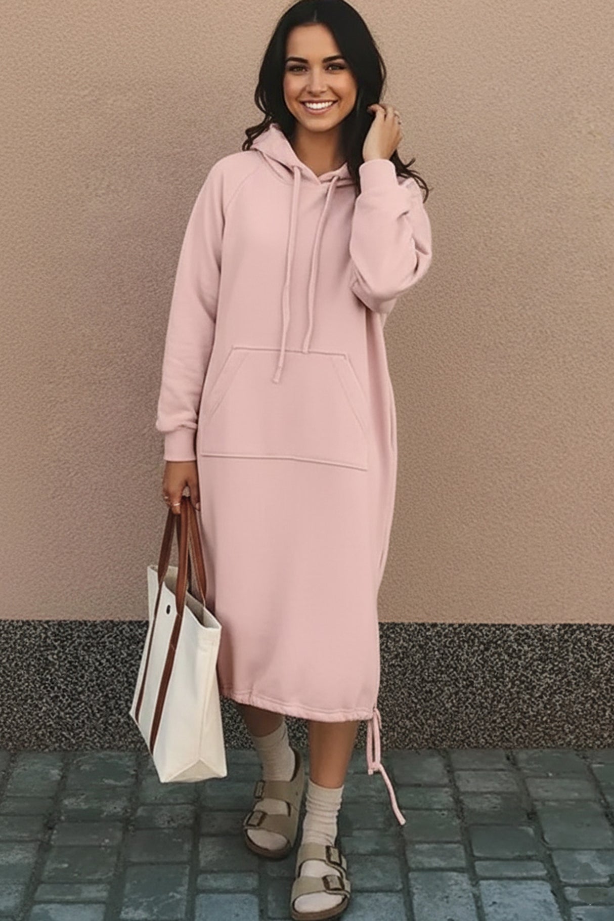 Solid Drawstring Pocket Long Hoodie