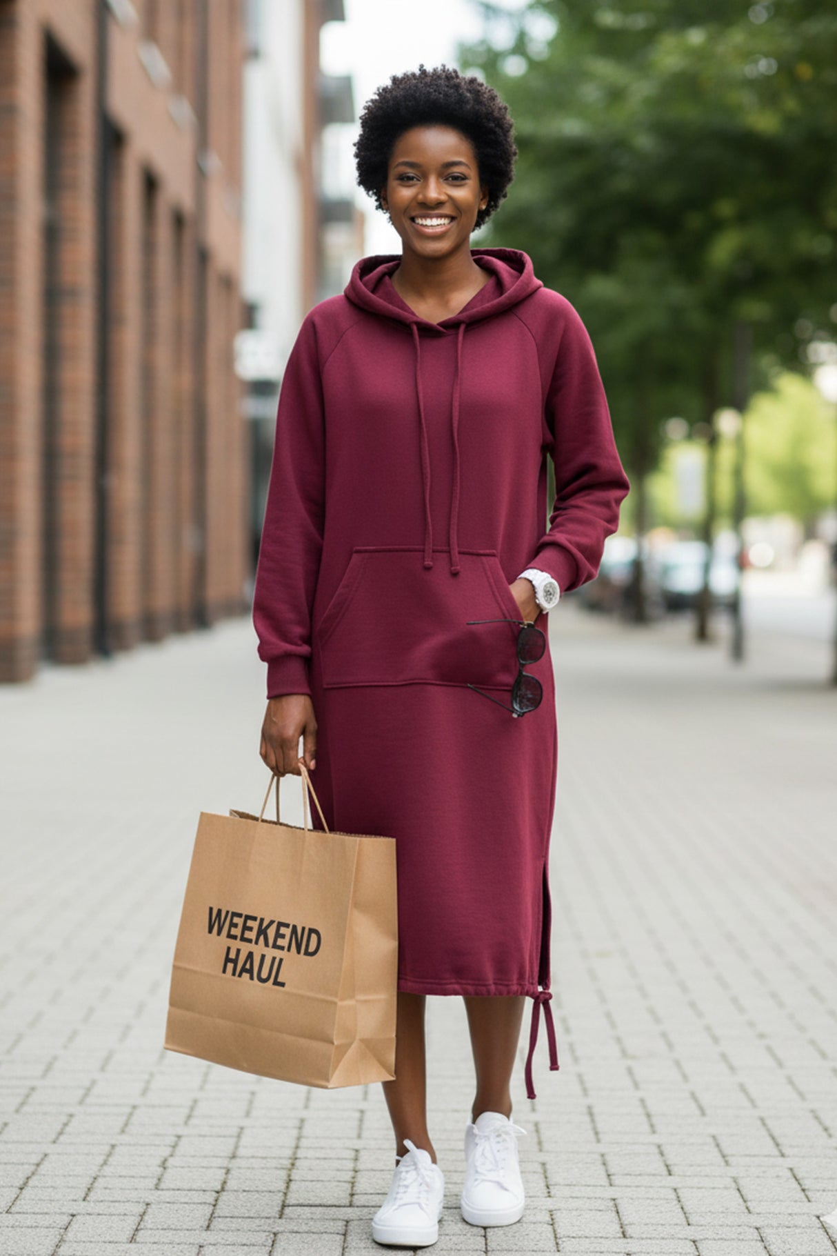 Solid Drawstring Pocket Long Hoodie