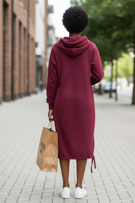 Solid Drawstring Pocket Long Hoodie