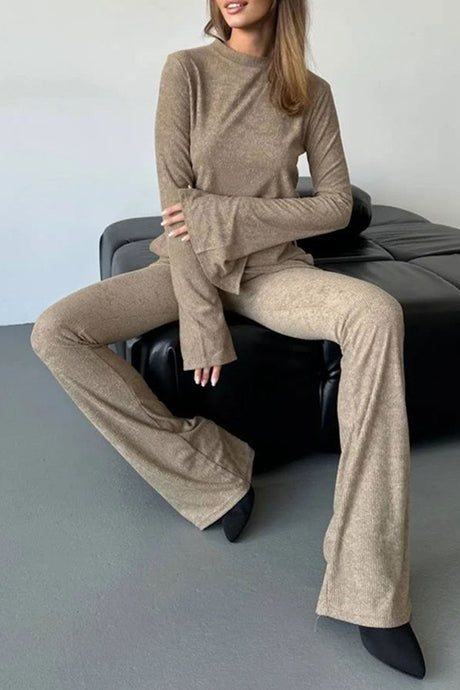 Solid Flare Sleeve Knit Tops Long Pants Set