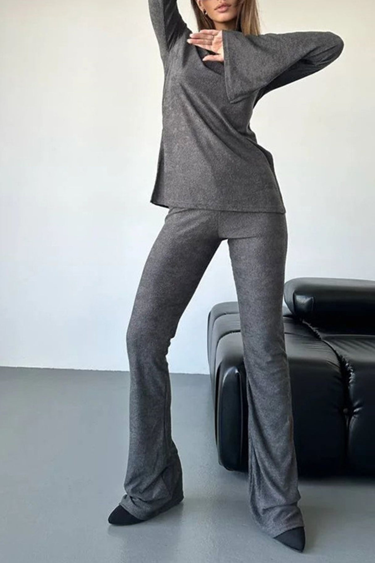 Solid Flare Sleeve Knit Tops Long Pants Set