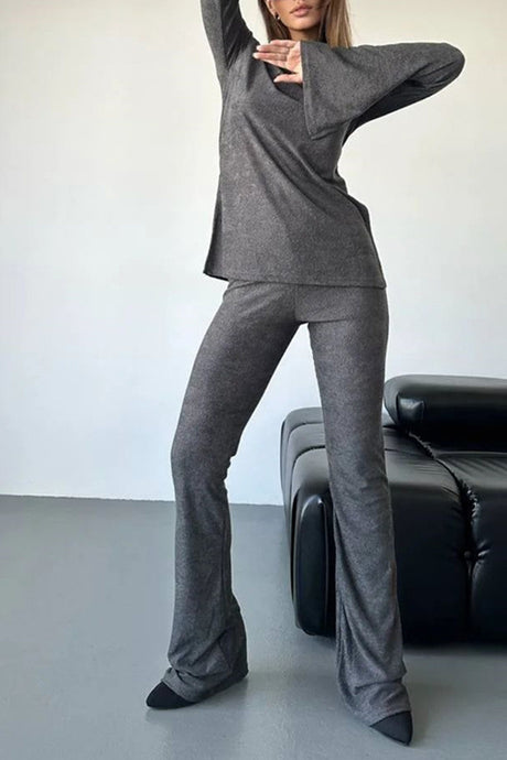 Solid Flare Sleeve Knit Tops Long Pants Set