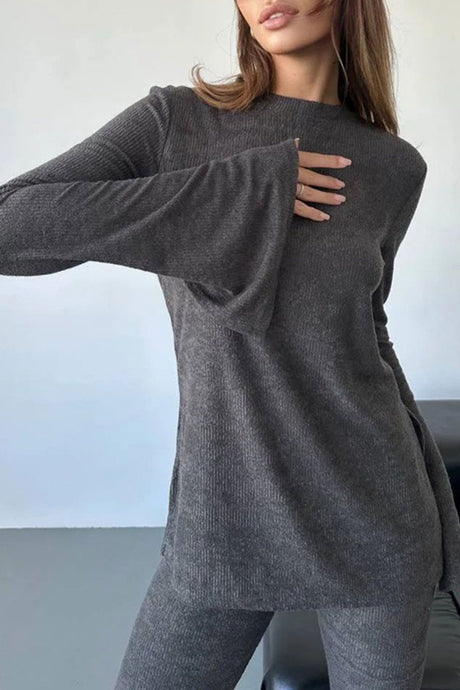 Solid Flare Sleeve Knit Tops Long Pants Set
