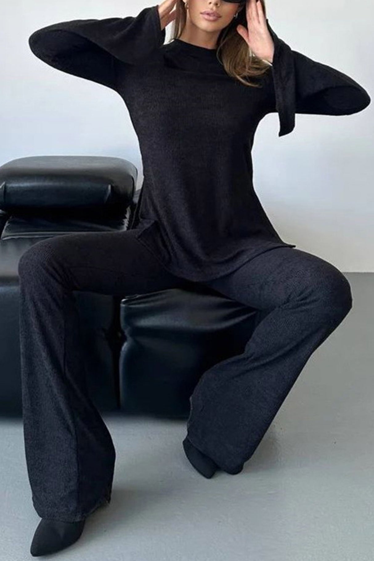 Solid Flare Sleeve Knit Tops Long Pants Set