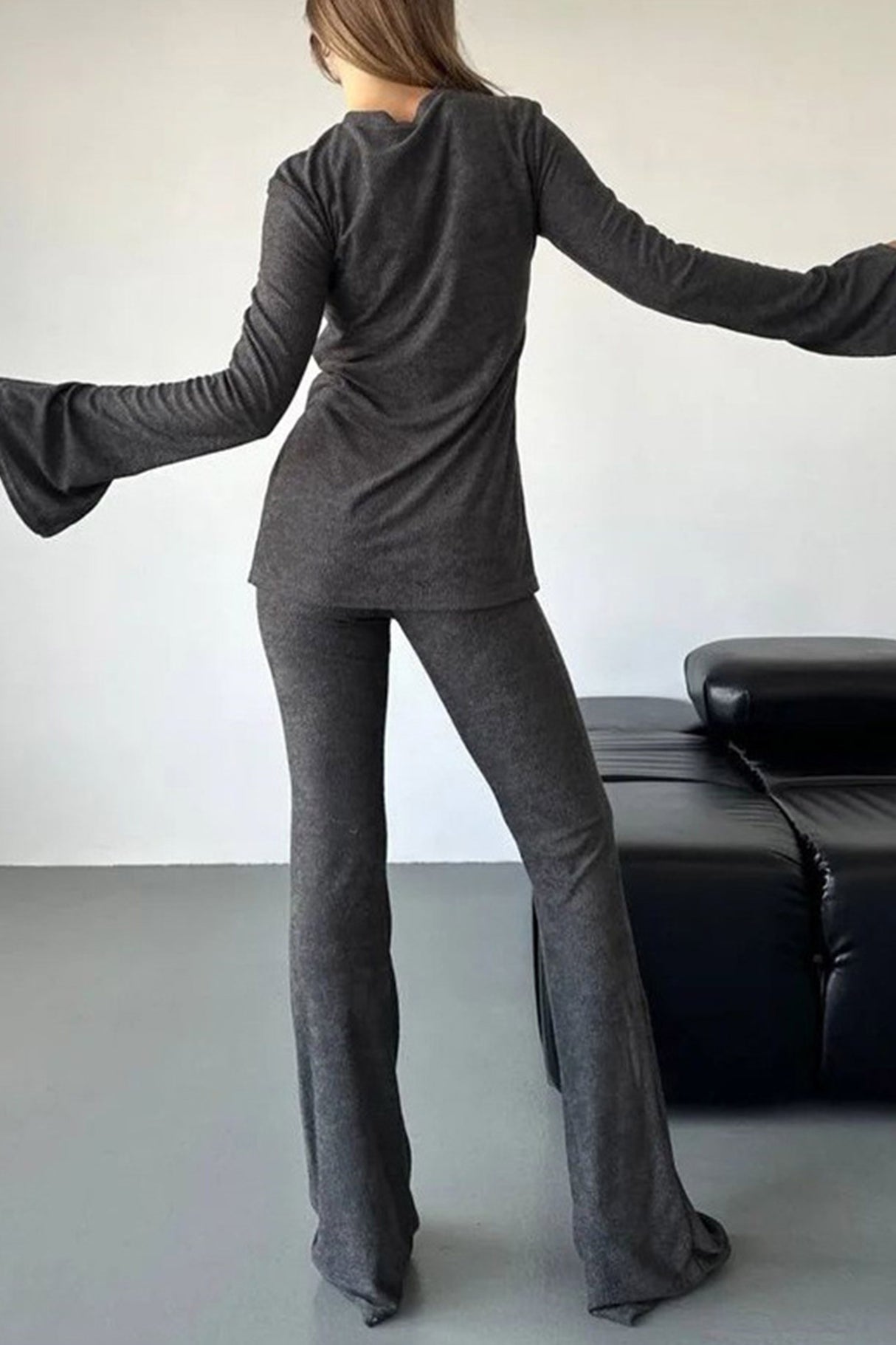 Solid Flare Sleeve Knit Tops Long Pants Set