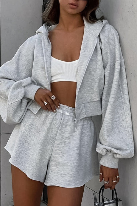Arolora solid-hoodie-crop-top-shorts-set