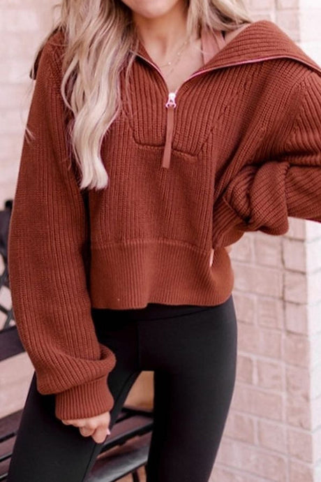 Solid Lapel Zipper Sweater