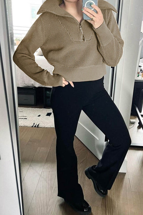 Solid Lapel Zipper Sweater