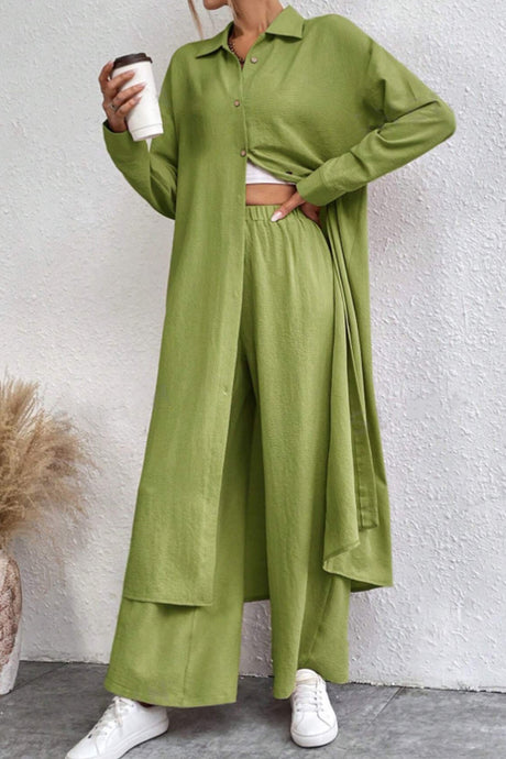 Arolora Solid Long Shirt Wide Leg Pants Set